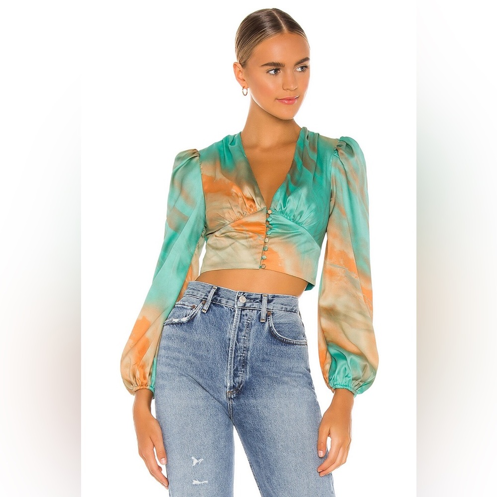 Superdown Eleen Blouson Top in Teal Multi